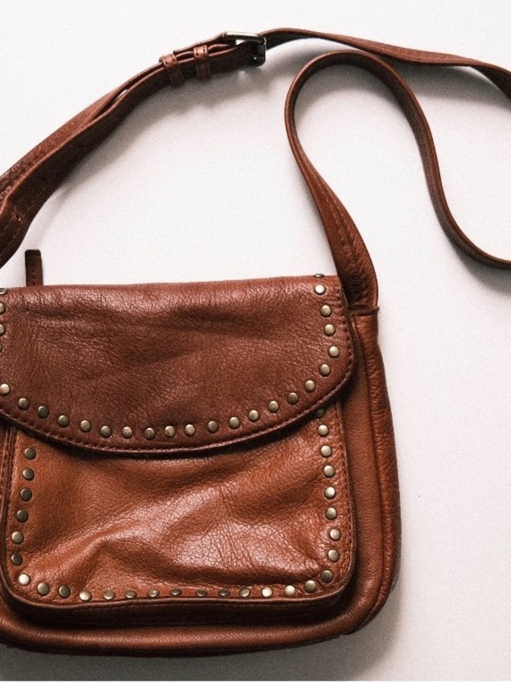 Brass Stud-Trim Brown Leather Crossbody Bag